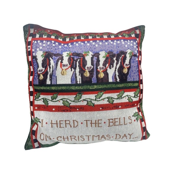 Tapestry Cow Pillow Farm Farming Barn Country Christmas I Herd the Bells 13x13 - Picture 1 of 4